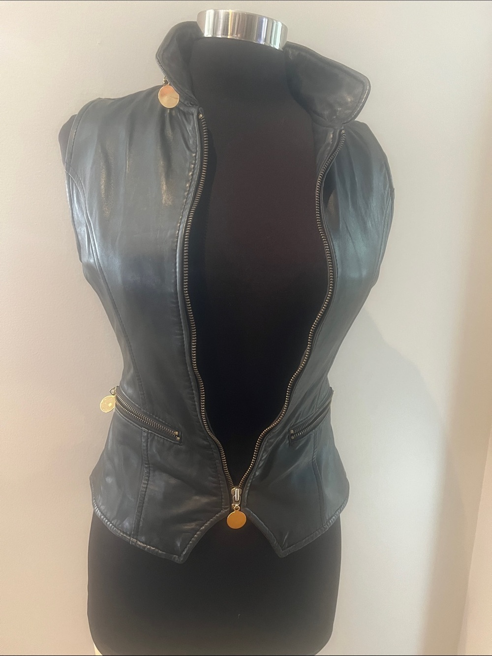 Cache Black Leather Sleeveless Zip-Front Vest with Gold Accents